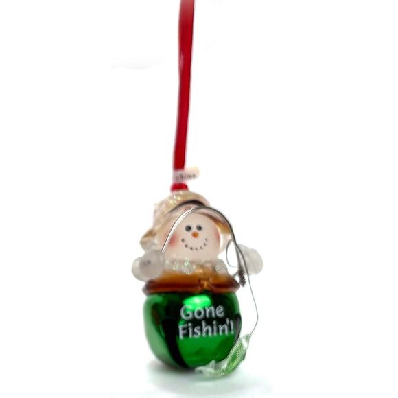Gone Fishin' Christmas Jingle Bell Snowman Ornament Great Condition 2.25 In Tall - Picture 1 of 3